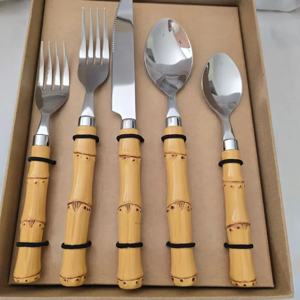 New Faux Bamboo Flatware Set of 20 Stainless Steel